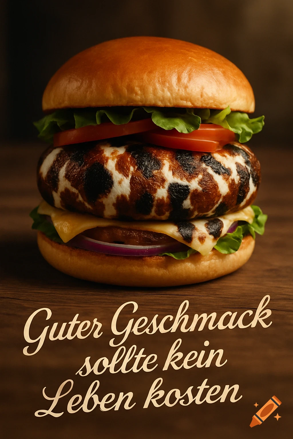 Photorealistic burger with a distinctive cowhide-patterned patty, lettuce, tomato, cheese, and onion, on wood, with German text.