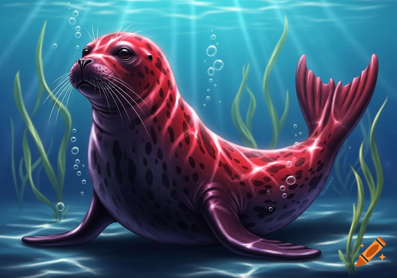 A stylized red, black, and purple seal swims gracefully underwater among green kelp and bubbles, with light rays from above.