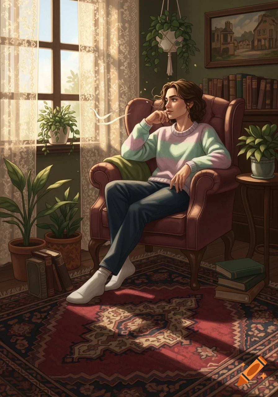 A person in a striped sweater sits in an armchair by a sunlit window, surrounded by plants and books.