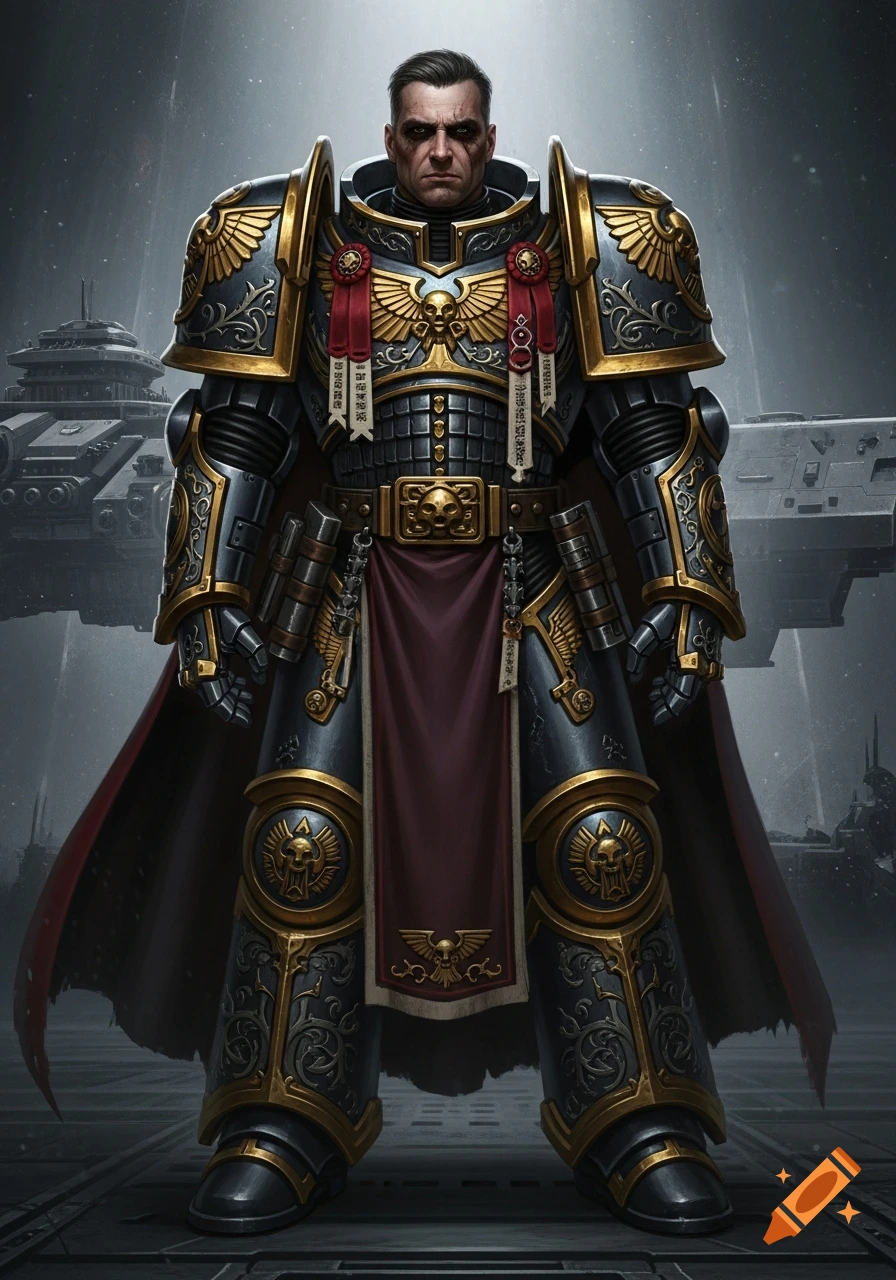 Professional portrait of a male Warhammer 40k Rogue Trader in intricate grimdark power armor, standing against a futuristic backdrop.