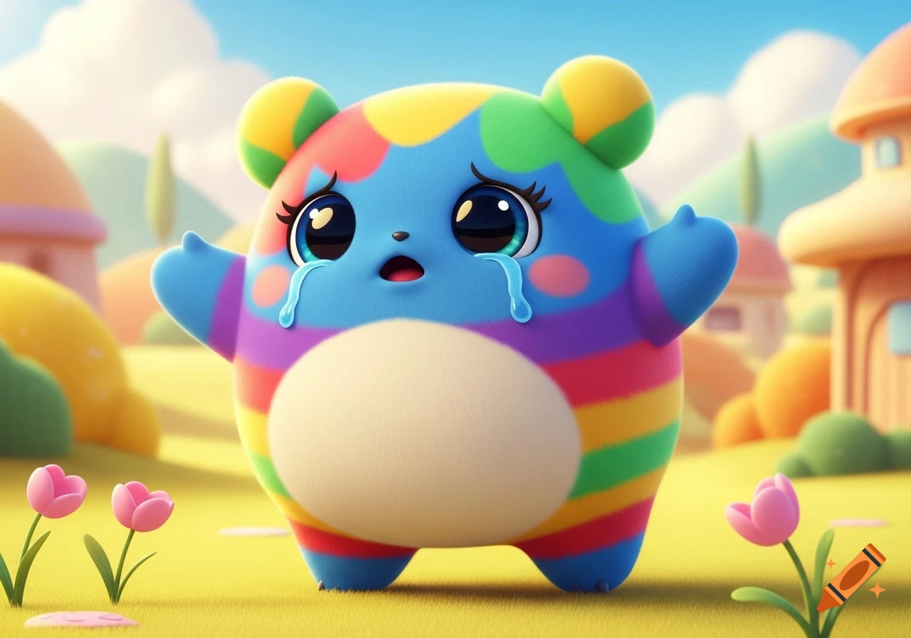A cute, colorful, round cartoon creature with big expressive eyes cries tears in a whimsical landscape with small houses and pink tulips.