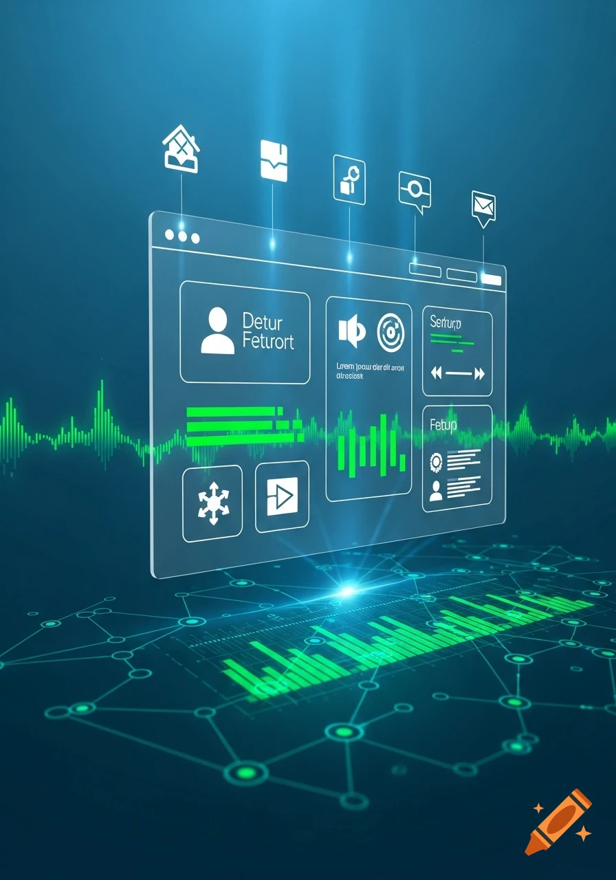 A futuristic digital user interface with glowing green data visualizations and network connections floats on a dark blue background.