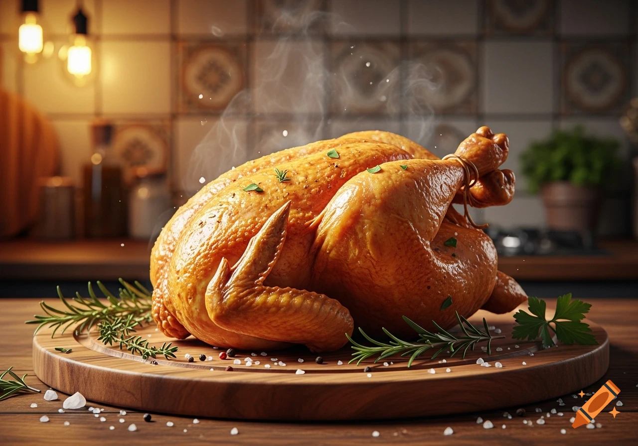 A steamy, golden-brown roasted whole chicken on a wooden board with rosemary and salt flakes in a warm kitchen.