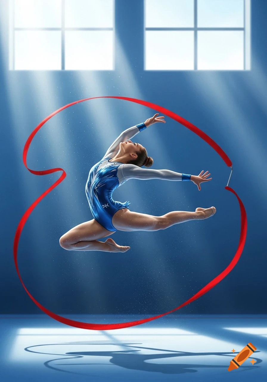Female rhythmic gymnast in blue leotard mid-leap, wielding a flowing red ribbon in a sunlit gym.