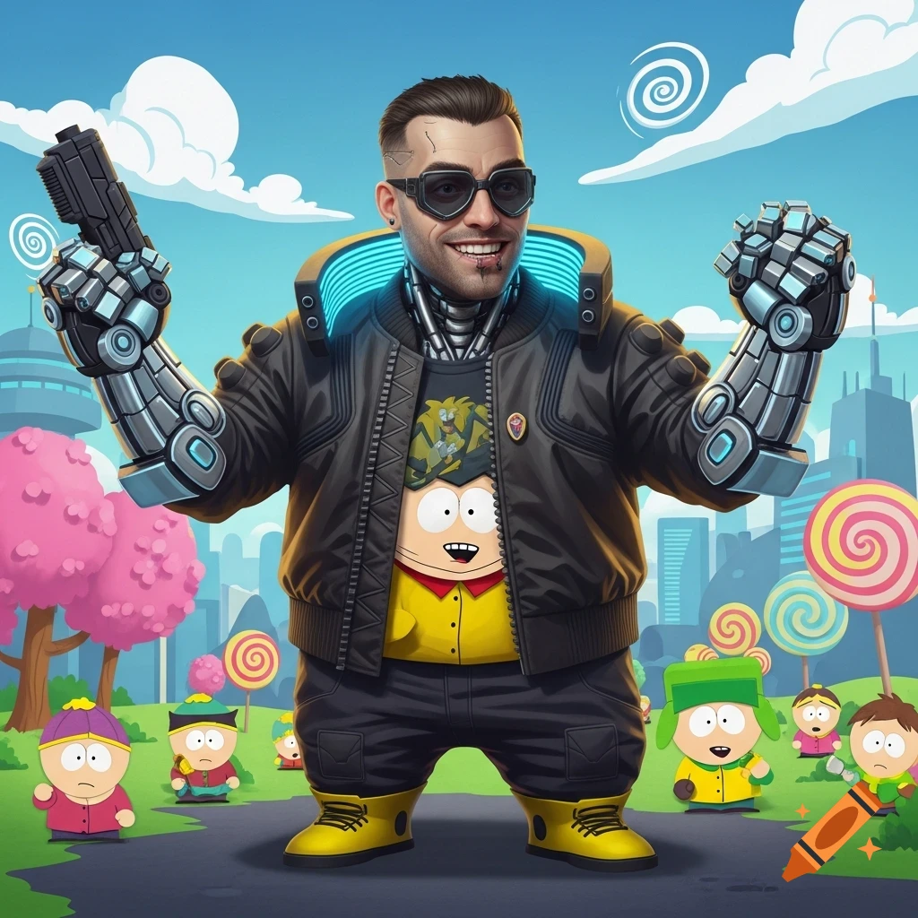A muscular, cybernetic man with sunglasses and a gun, with a South Park character body, stands in a cartoon city with other South Park characters.