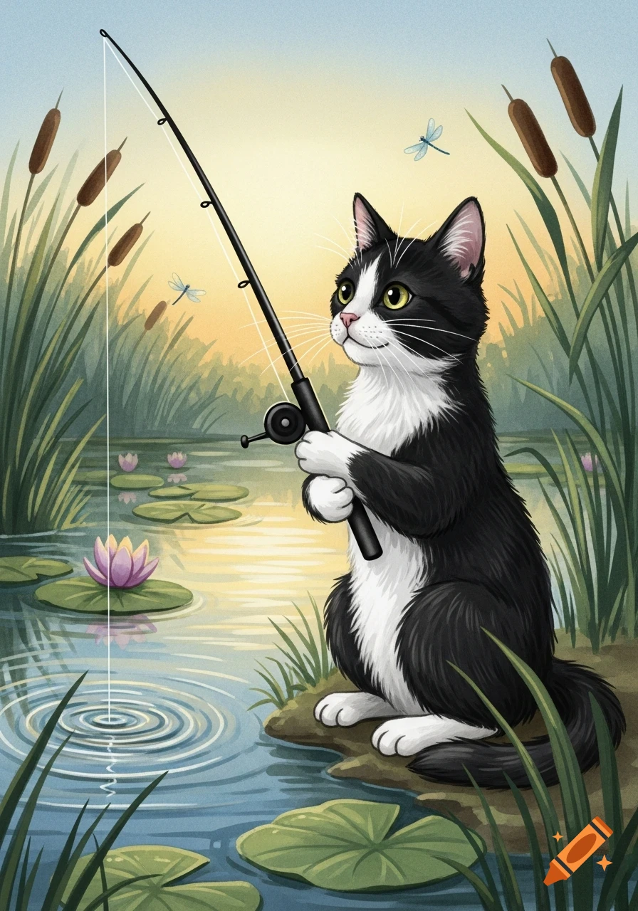 A cartoon black and white cat fishing by a pond with lily pads and cattails, dragonflies flying in a soft background.