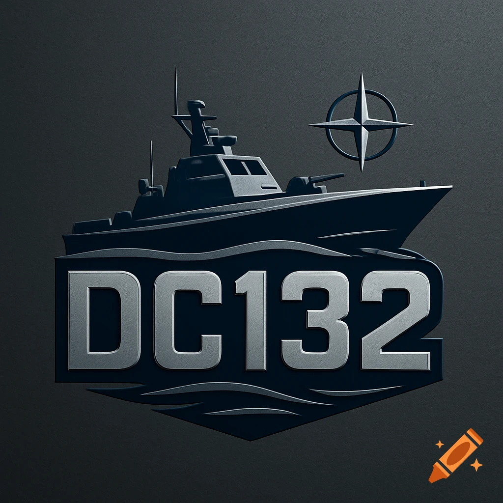 A stylized dark gray logo featuring a military patrol boat above the text "DC132", with a NATO-like compass rose symbol.