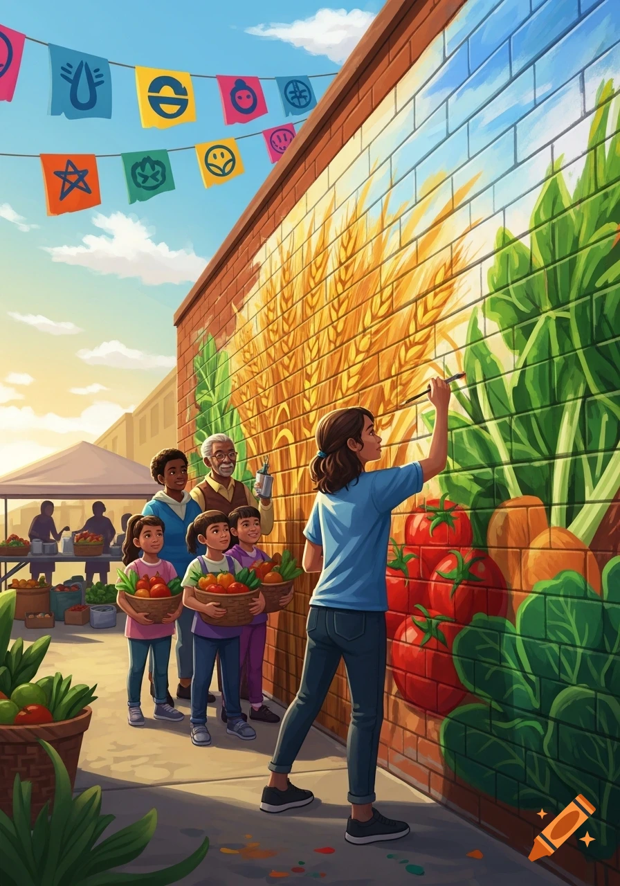 Diverse people paint a vibrant mural of wheat and vegetables on a brick wall, with a bustling food market in the background, in an illustrative style.