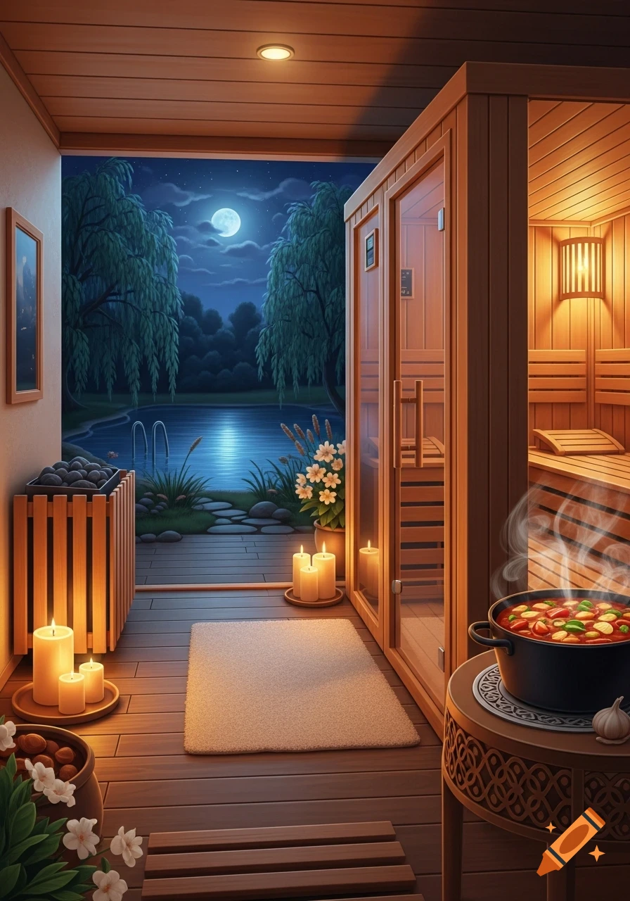 A cozy outdoor sauna and a swimming pond at night, illuminated by the full moon and candles, with a pot of goulash steaming nearby.