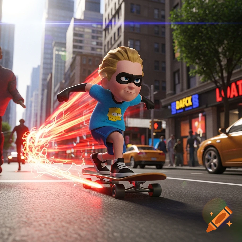 Dash from The Incredibles, in a Bart Simpson t-shirt and shorts, speeds down a city street on a skateboard, leaving red light trails.