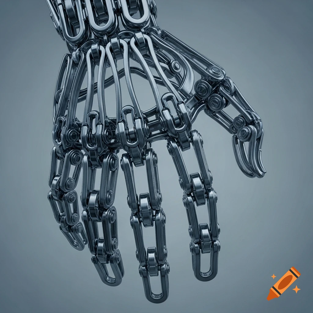 Hyper-realistic metallic robotic hand made of interlocking chain links against a muted background.
