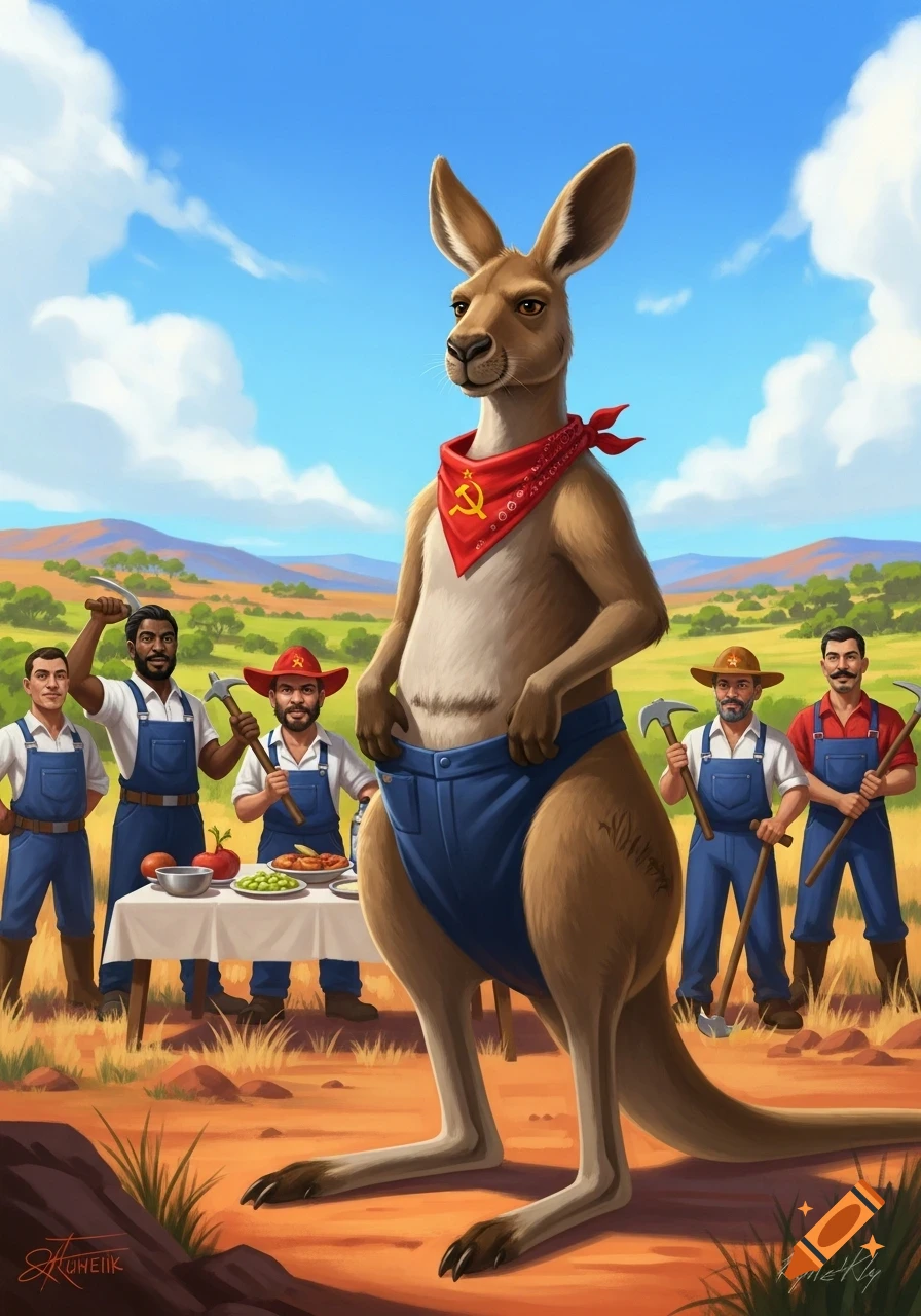 An anthropomorphic kangaroo wearing a red bandana with a hammer and sickle stands prominently, surrounded by five worker comrades holding tools, in a socialist-realism style rural landscape.