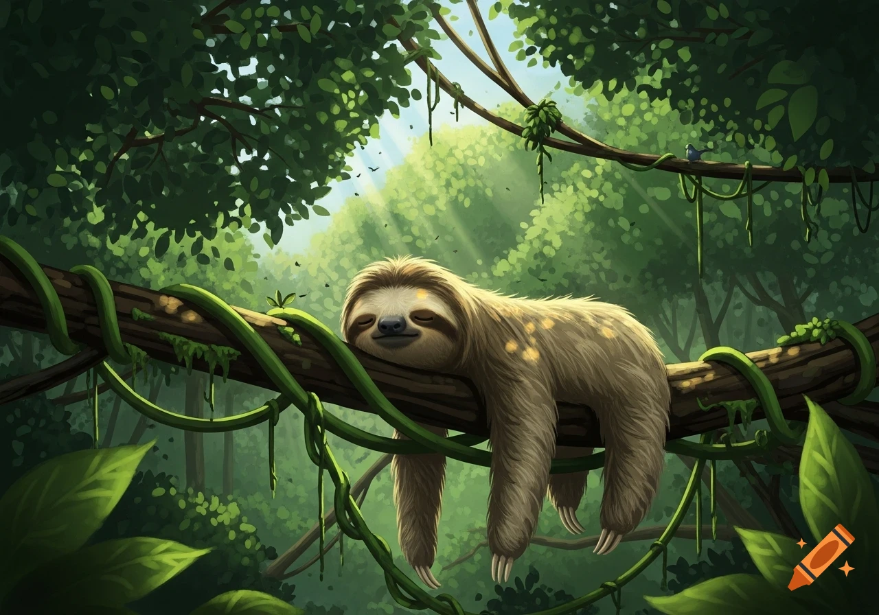An adorable sloth sleeping peacefully on a thick tree branch covered in vines in a lush green jungle, with sunlight filtering through.