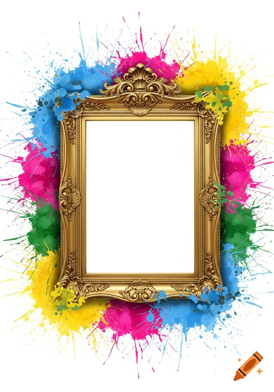 Ornate golden frame surrounded by vibrant blue, pink, yellow, and green paint splatters on a white background.