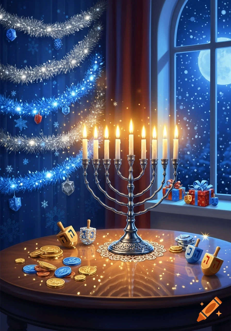 A lit menorah on a table with dreidels, gelt, and gifts, against a background of blue wall decorations and a snowy window scene.