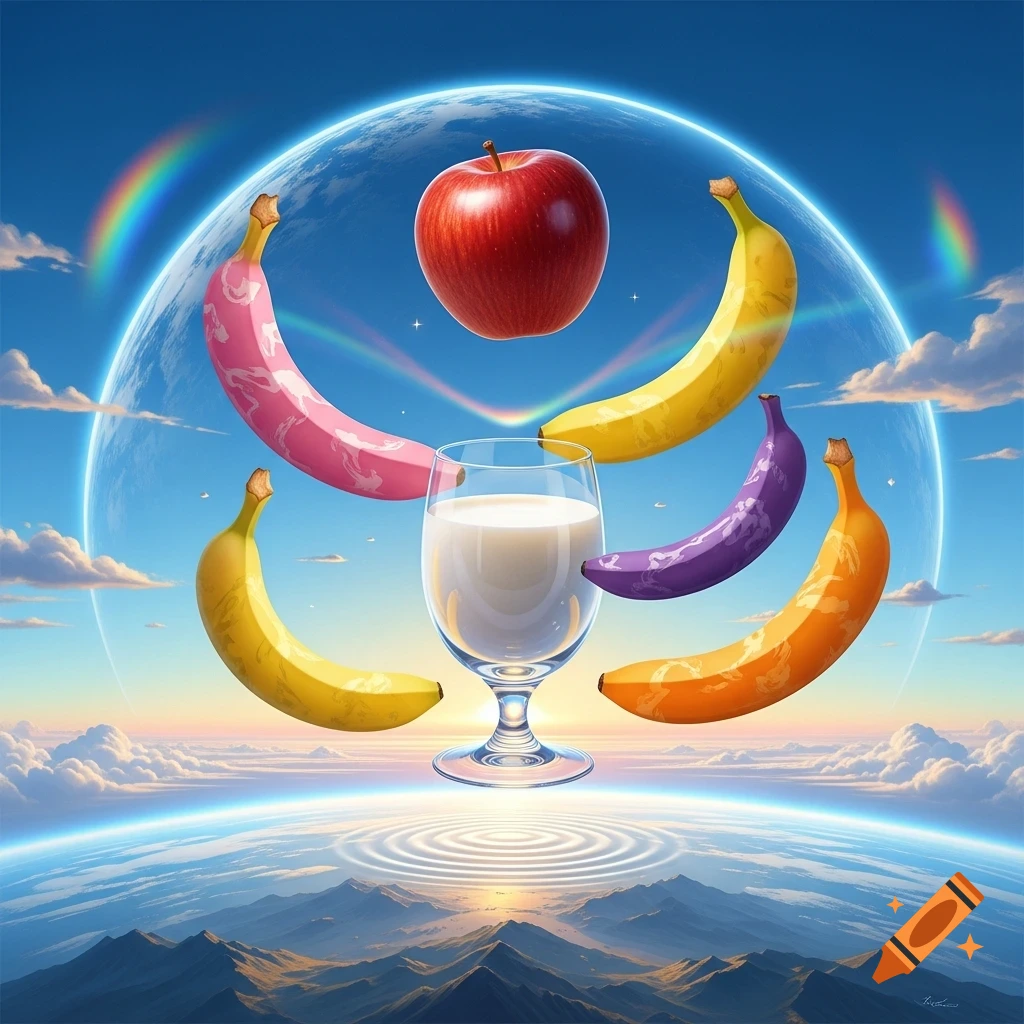 A red apple and colorful bananas (pink, yellow, purple, orange) float around a glass of milk above Earth's horizon with rainbows.