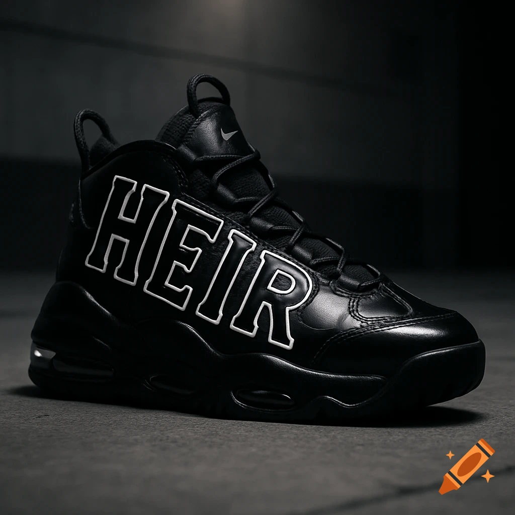 A black Nike sneaker with 'HEIR' in white outlined letters on its side, against a dark background.