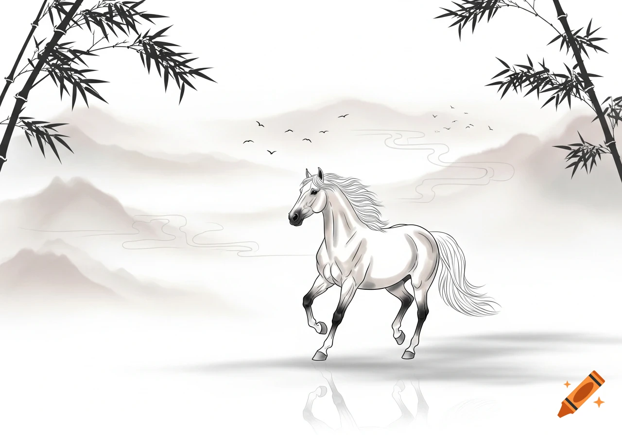 A white horse with flowing mane and tail, in traditional Chinese ink painting style, with bamboo and misty mountains in the background.