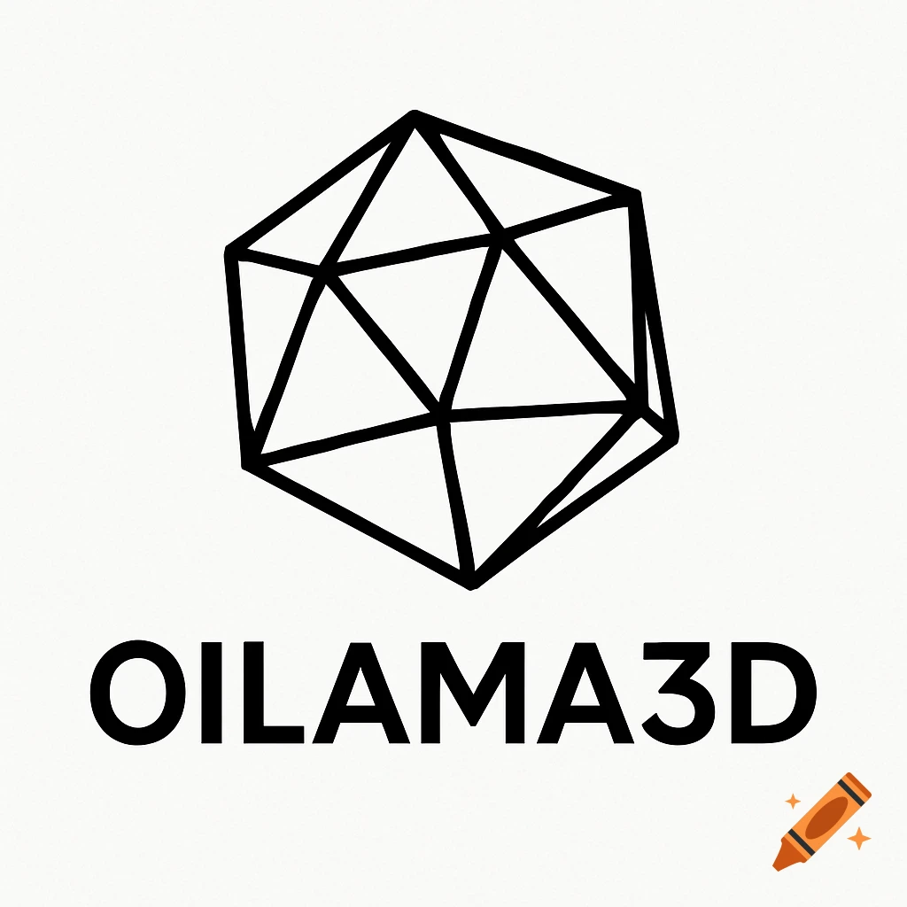 Black outline of an icosahedron above 'OILAMA3D' text on a white background.