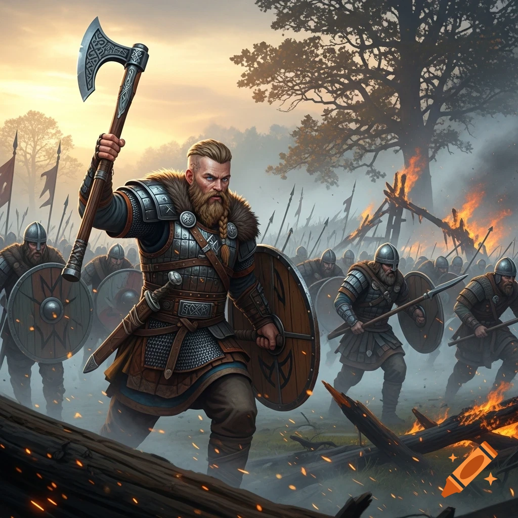 A determined Viking warrior with an axe and shield leads other Vikings in a battle against a backdrop of burning structures at dawn.
