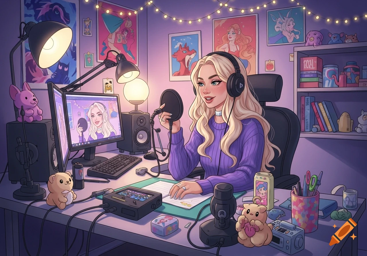 An anime-style illustration of a blonde woman wearing headphones and a purple sweater, sitting at a desk with a microphone, making a video. Her room is decorated with posters and string lights.