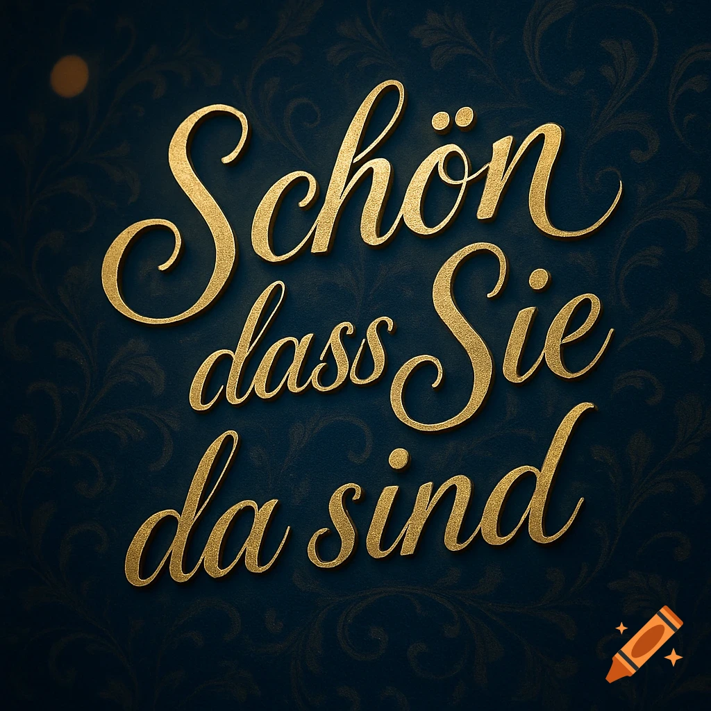 Golden ornate script reading 'Schön dass Sie da sind' on a dark blue background with a subtle floral pattern.