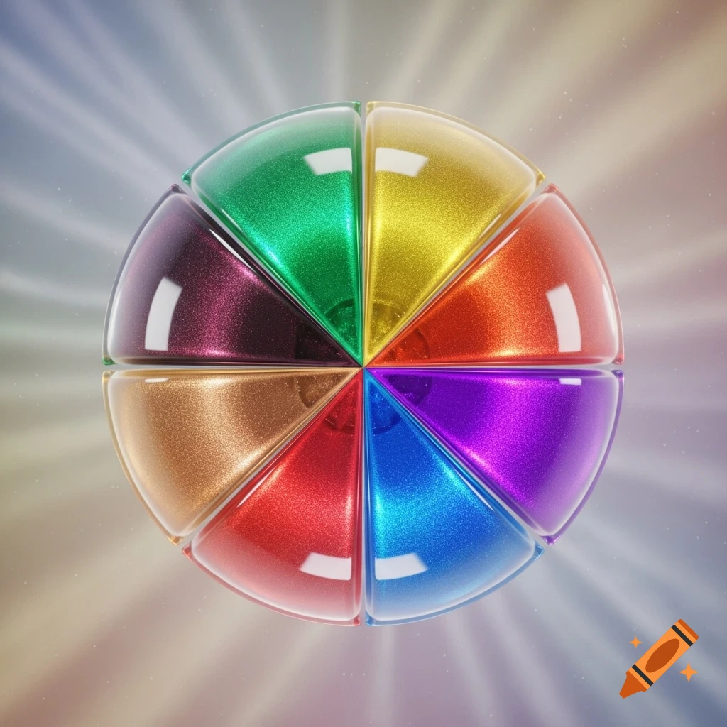 A vibrant, glossy 3D sphere divided into eight colorful segments, including green, yellow, orange, red, blue, purple, maroon, and bronze.