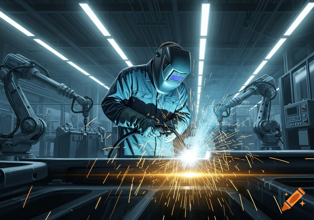 A welder in a blue suit and helmet works with sparks flying in a modern factory setting with robotic arms.