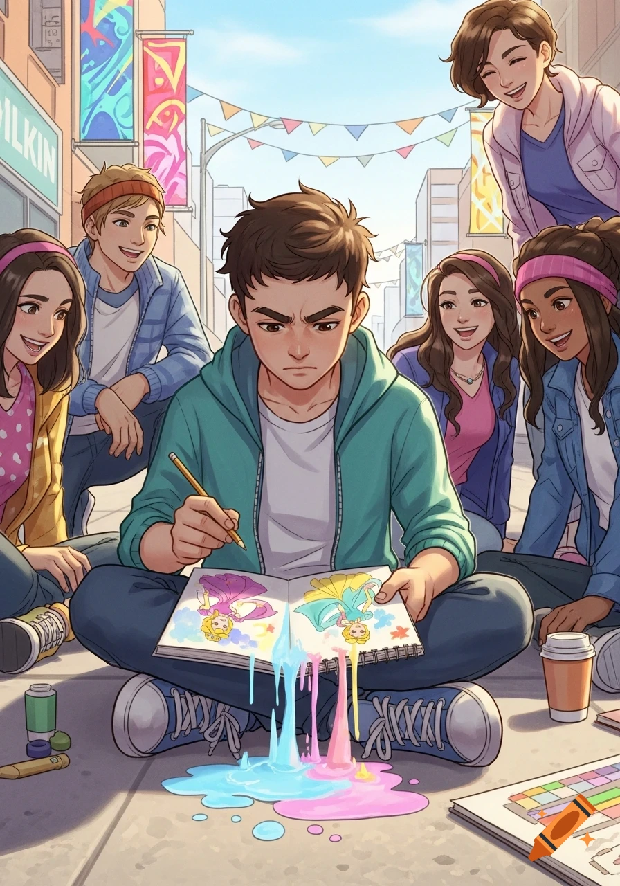 Anime style illustration of a boy drawing princesses on the street, surrounded by laughing teenagers.