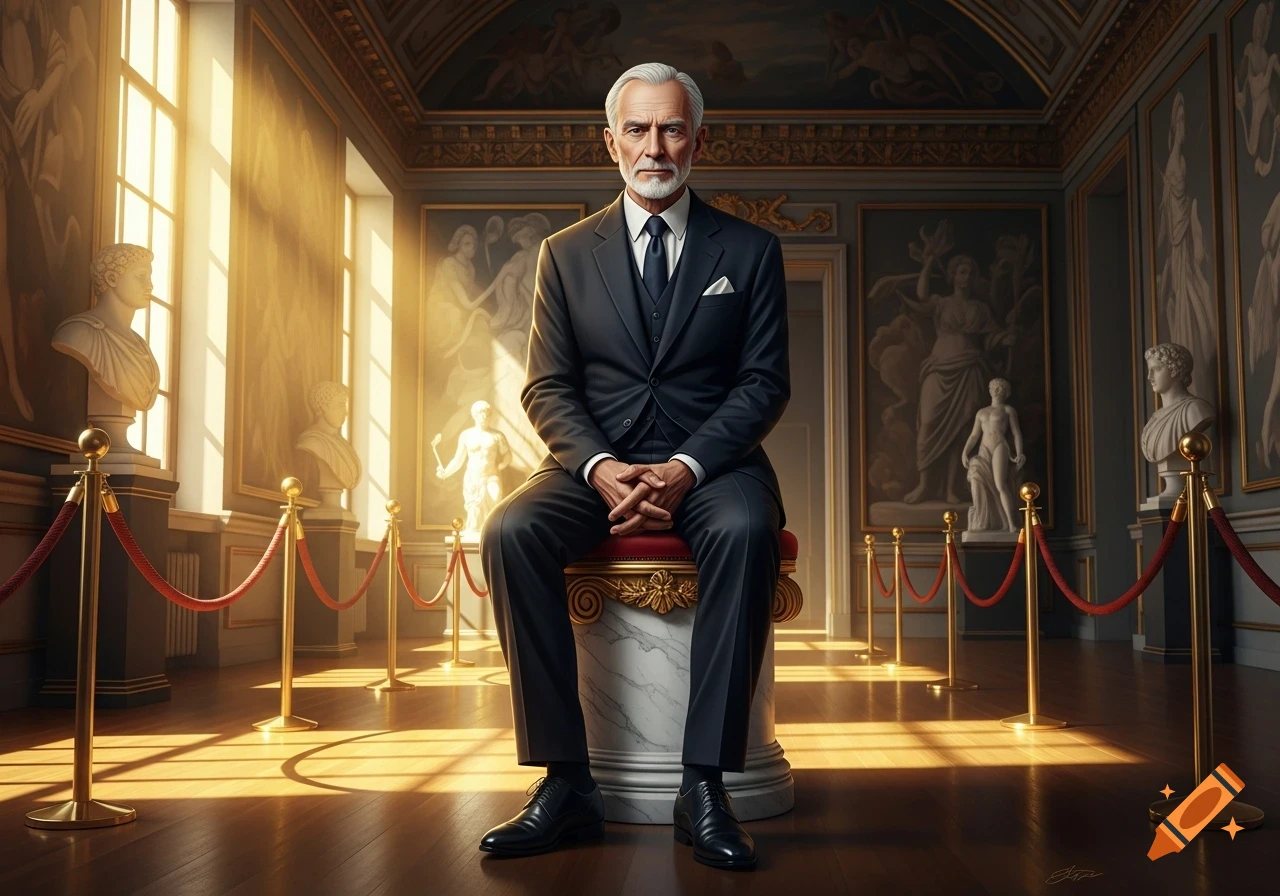 A distinguished man with white hair and a beard, wearing a dark suit, sits on a pedestal in a sunlit classical museum hall.