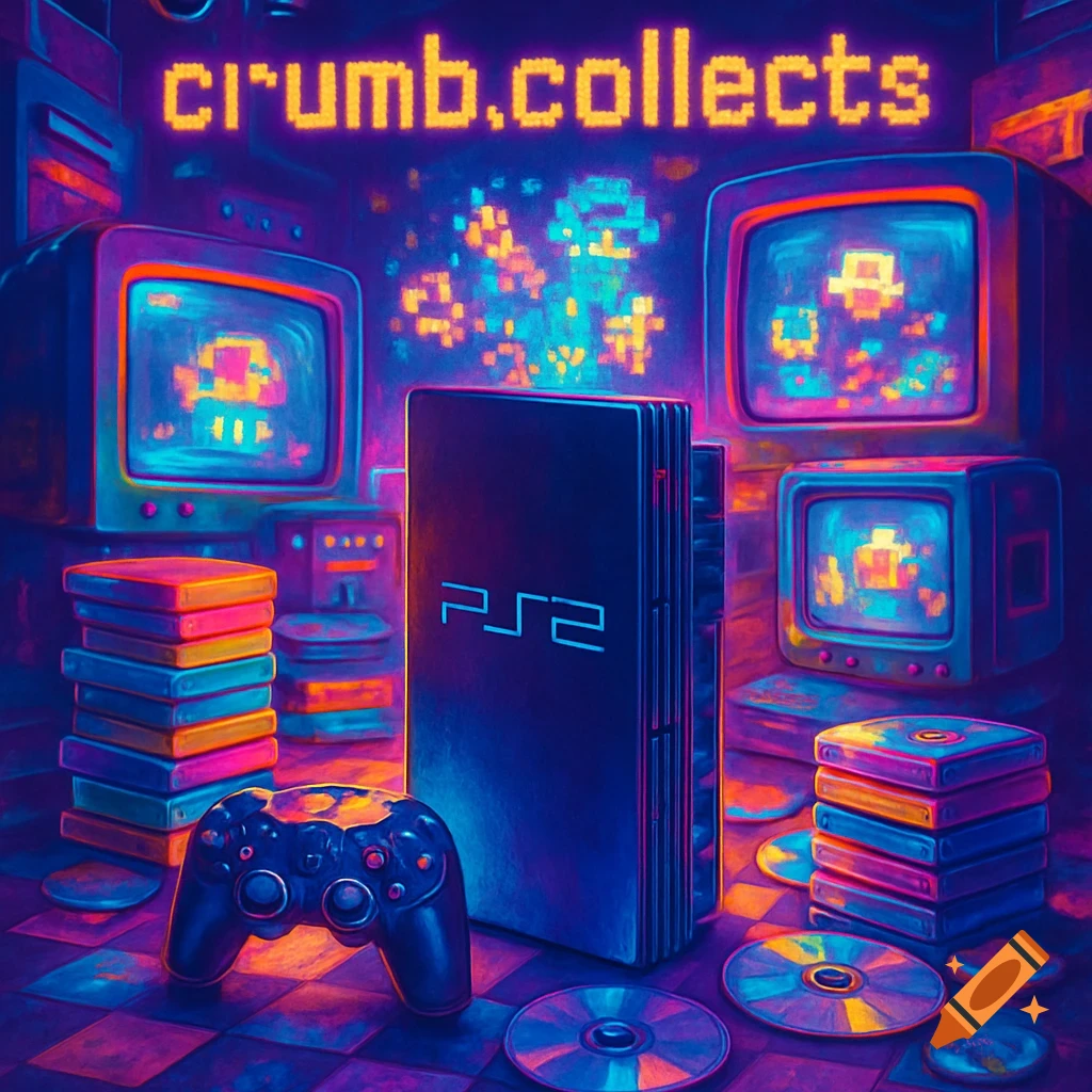 A vibrant Y2K-style image featuring a PS2 console, controller, game discs, retro CRT TVs with pixel art, and neon text 'crumb.collects'.