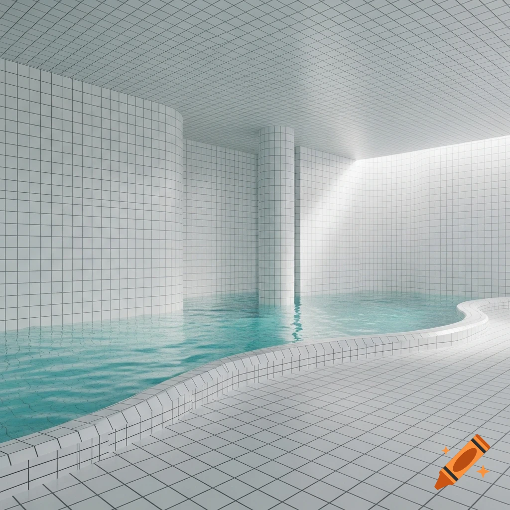 Empty, minimalist indoor pool with white tiles, turquoise water, and soft light, creating a liminal space.