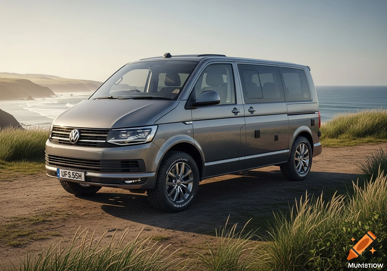 A grey Volkswagen California T6.1 camper van with off-road tires parked on a dirt path overlooking a coastline with cliffs and the sea.