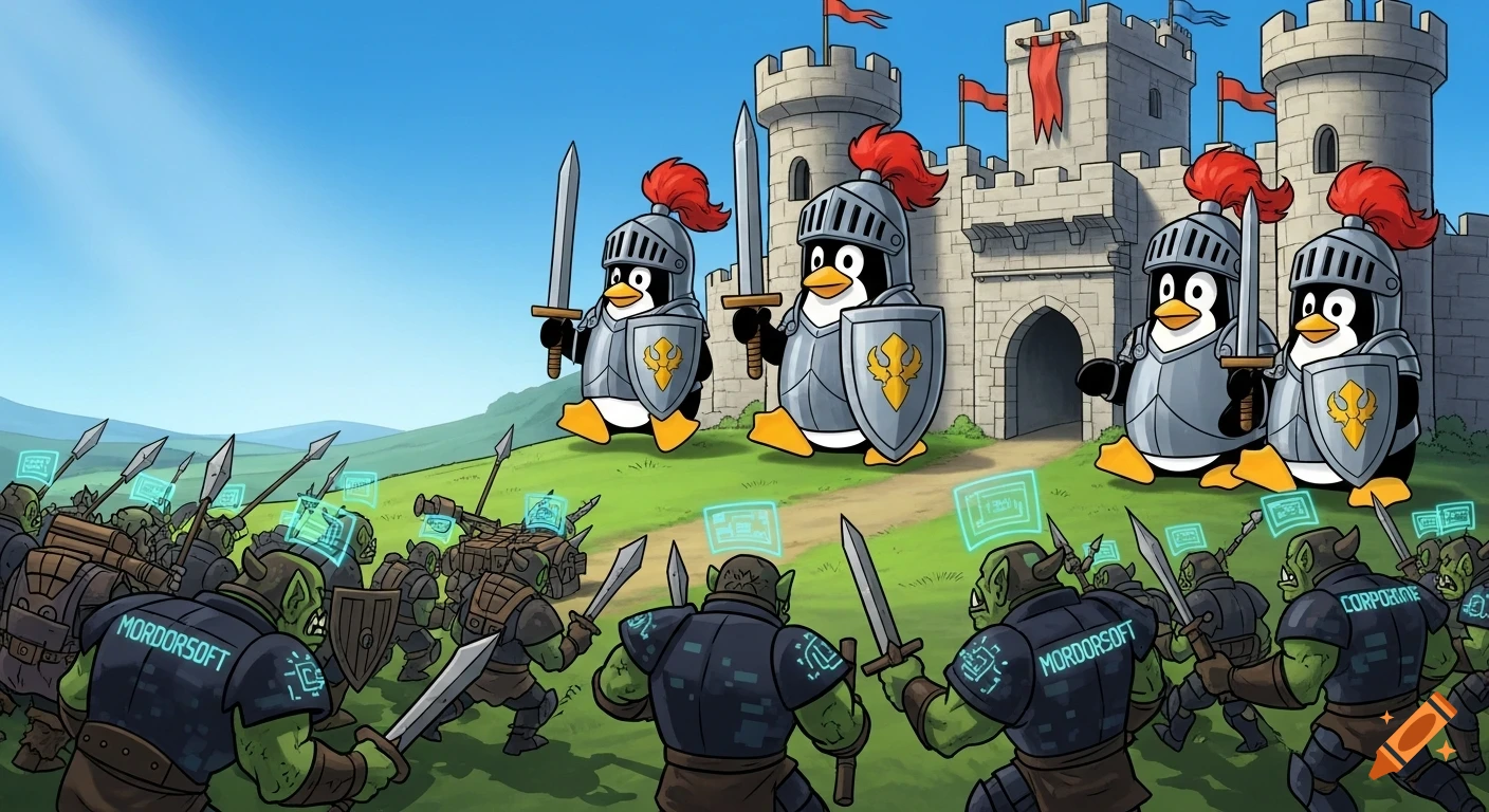 Cartoon of penguin knights in armor defending a castle against an army of green orcs with glowing holographic elements and text like "Mordorsort" and "Corpprate" on their armor.