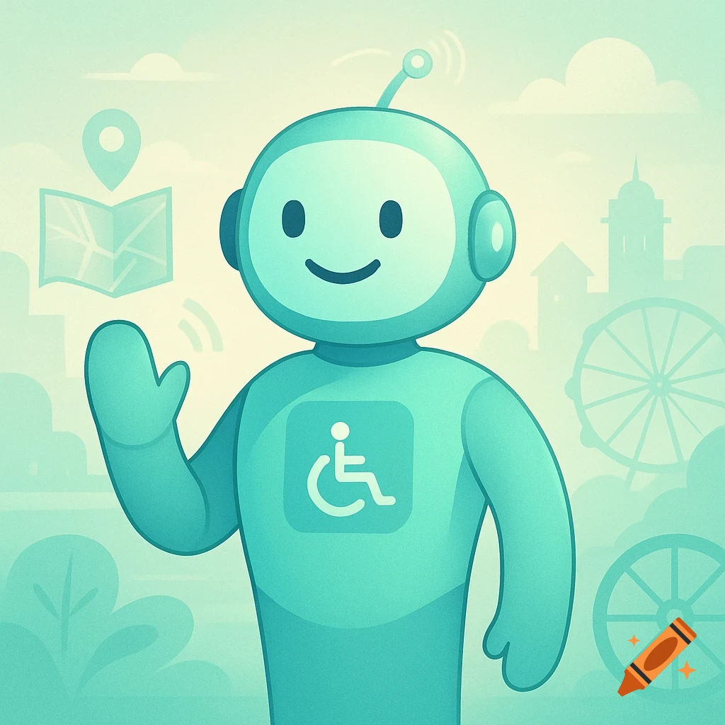 A friendly teal cartoon robot with an accessibility symbol on its chest waves, with a map icon and city skyline in the light green background.