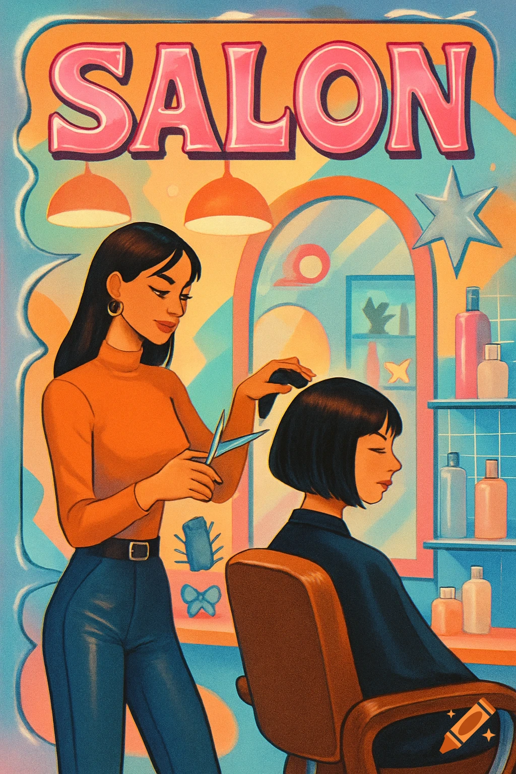 A vibrant retro illustration of a hairdresser cutting a client's hair in a salon, with 'SALON' text at the top.