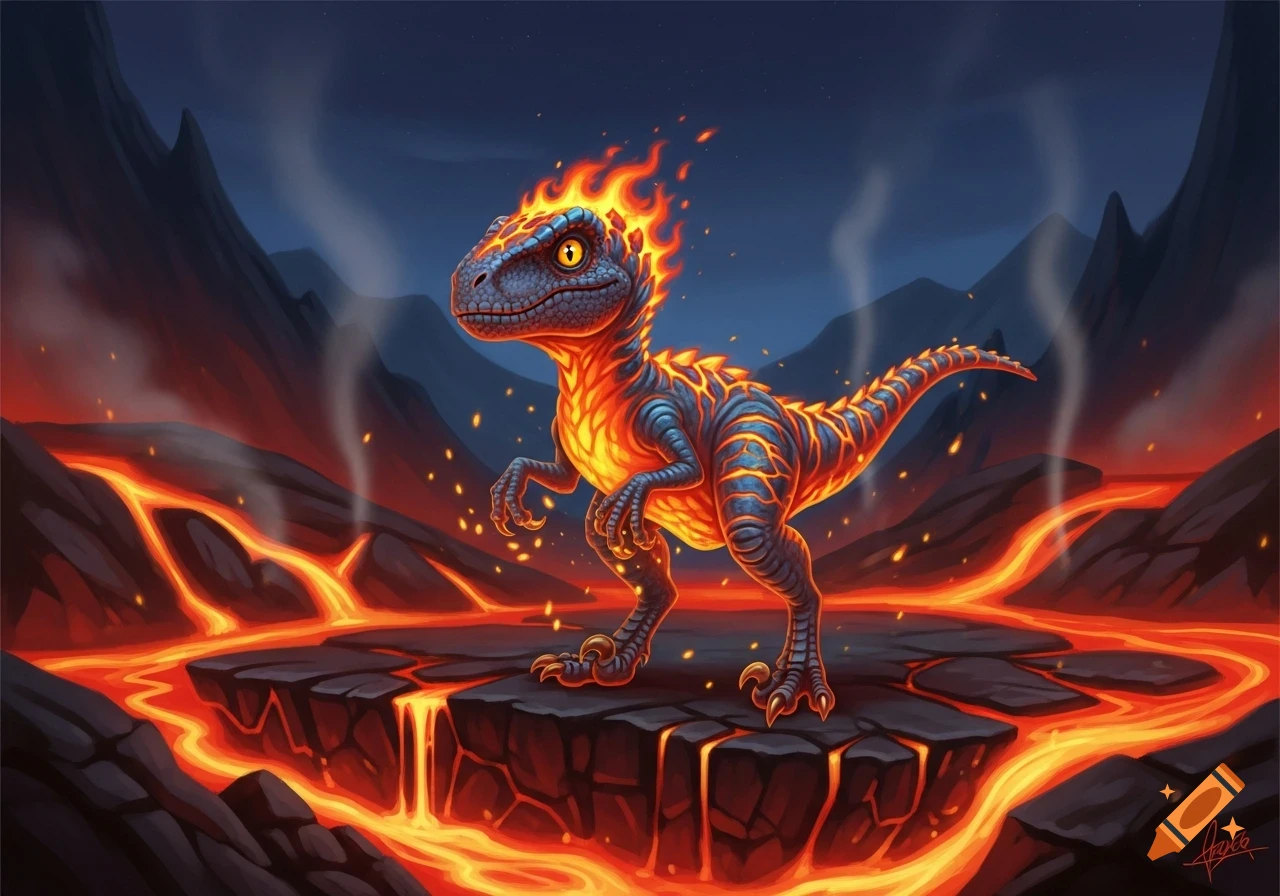 A cute, fiery lava raptor stands on a rock platform amidst flowing magma and smoke in a dark volcanic landscape.