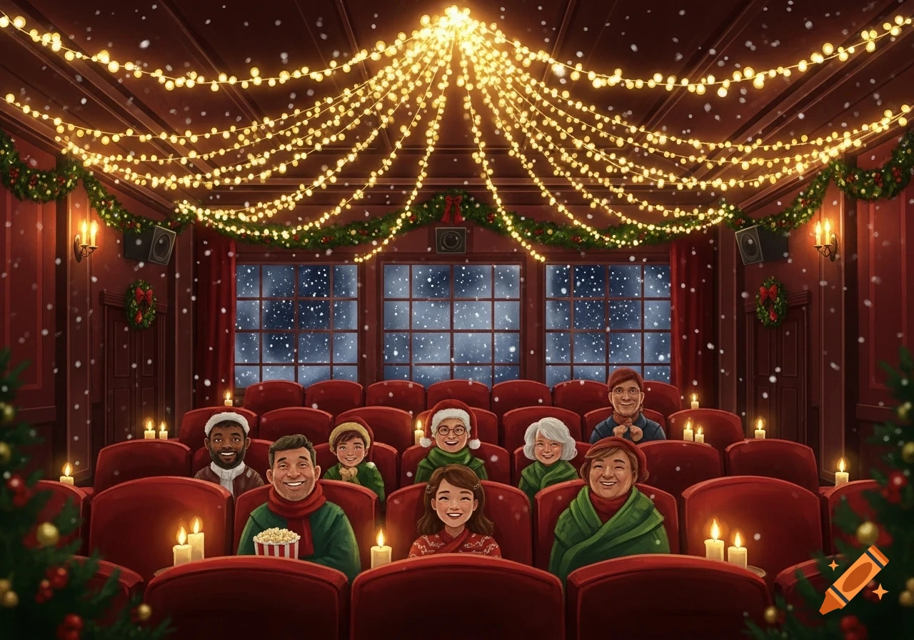 An illustration of a diverse group of people watching a movie in a festive, Christmas-decorated cinema with string lights and snow falling outside.