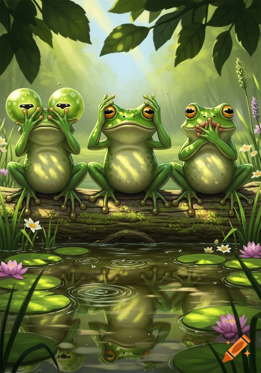 Three cartoon frogs on a mossy log above a pond, mimicking 'see no evil, hear no evil, speak no evil' amidst lush greenery and water lilies.