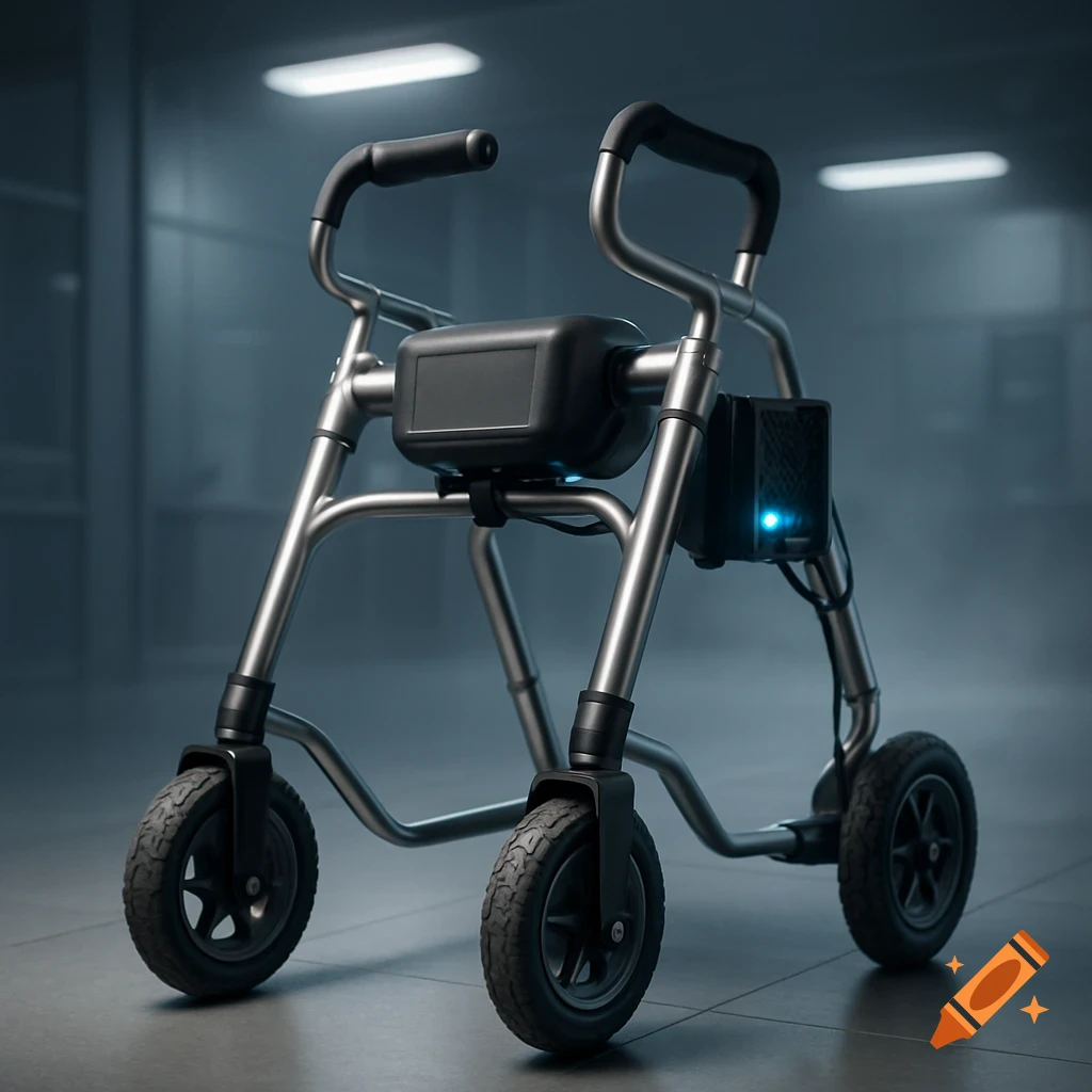 A modern, metallic motor-assist walker with black handles, wheels, and glowing blue electronic modules in a minimalist setting.