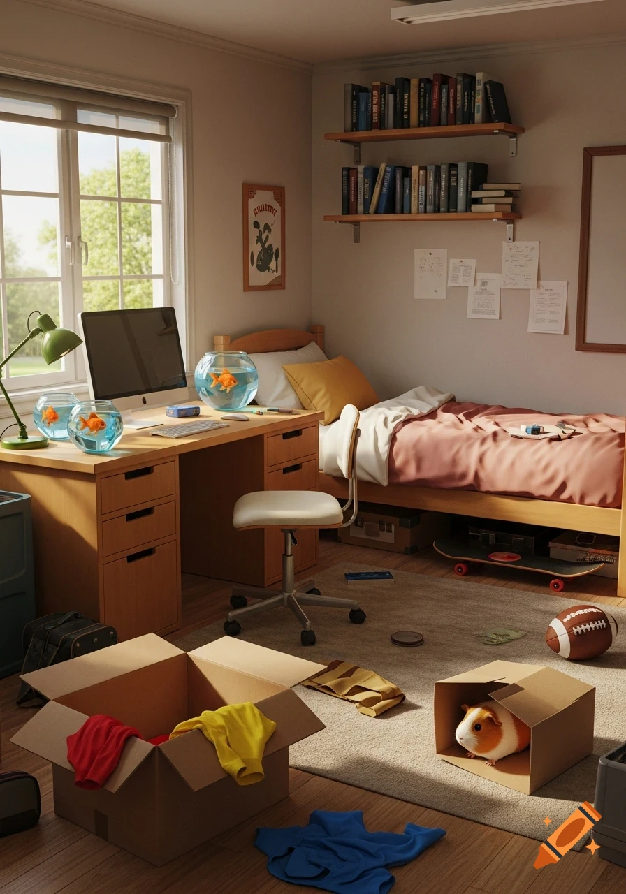 A sunlit bedroom with a wooden desk, bed, and shelves. A computer and three goldfish bowls are on the desk. A skateboard is under the bed, and a guinea pig is in a box on the carpeted floor with a football nearby. Clothes are scattered.