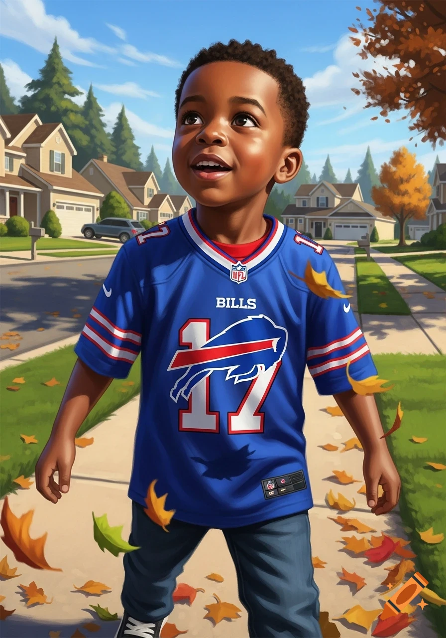 Smiling African American boy in a blue Buffalo Bills jersey with number 17 stands on a sidewalk with autumn leaves in a sunny suburban street. Illustration.