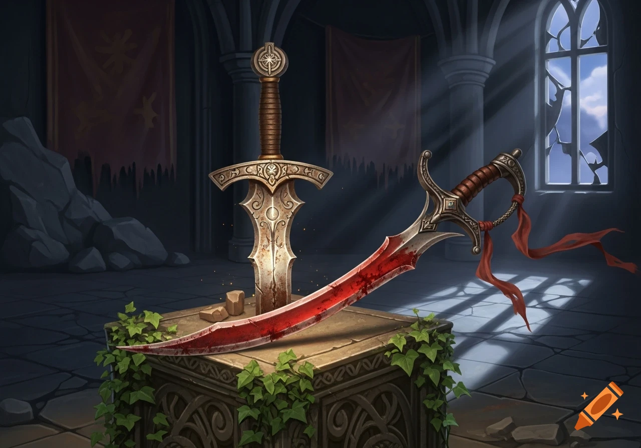 A rusty shortsword and a bloodied red scimitar rest on an ivy-covered stone pedestal in a dimly lit ruin with a broken window.