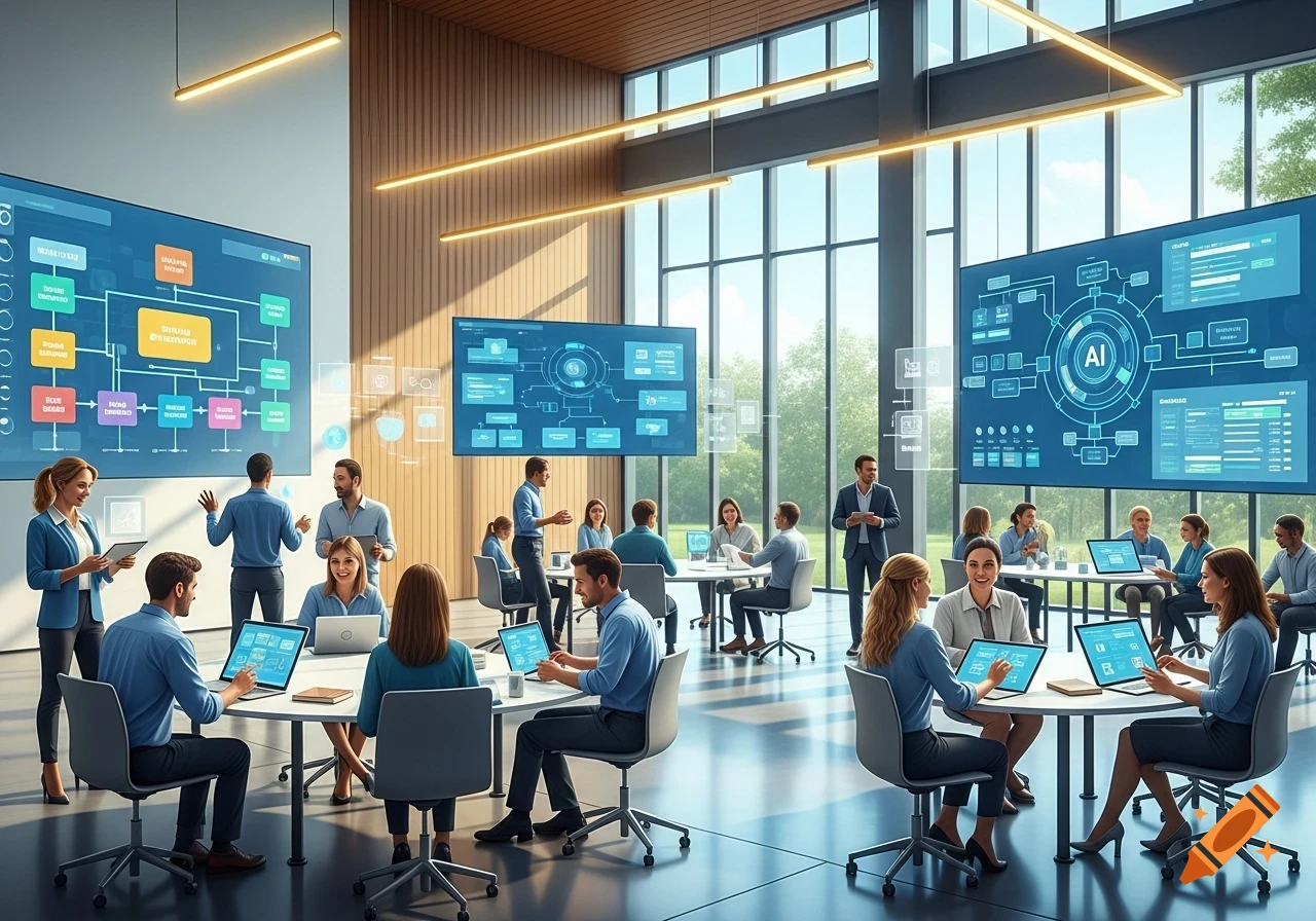 Group of professionals in a modern, sunlit office, engaged in a technology training session with screens displaying data and diagrams.