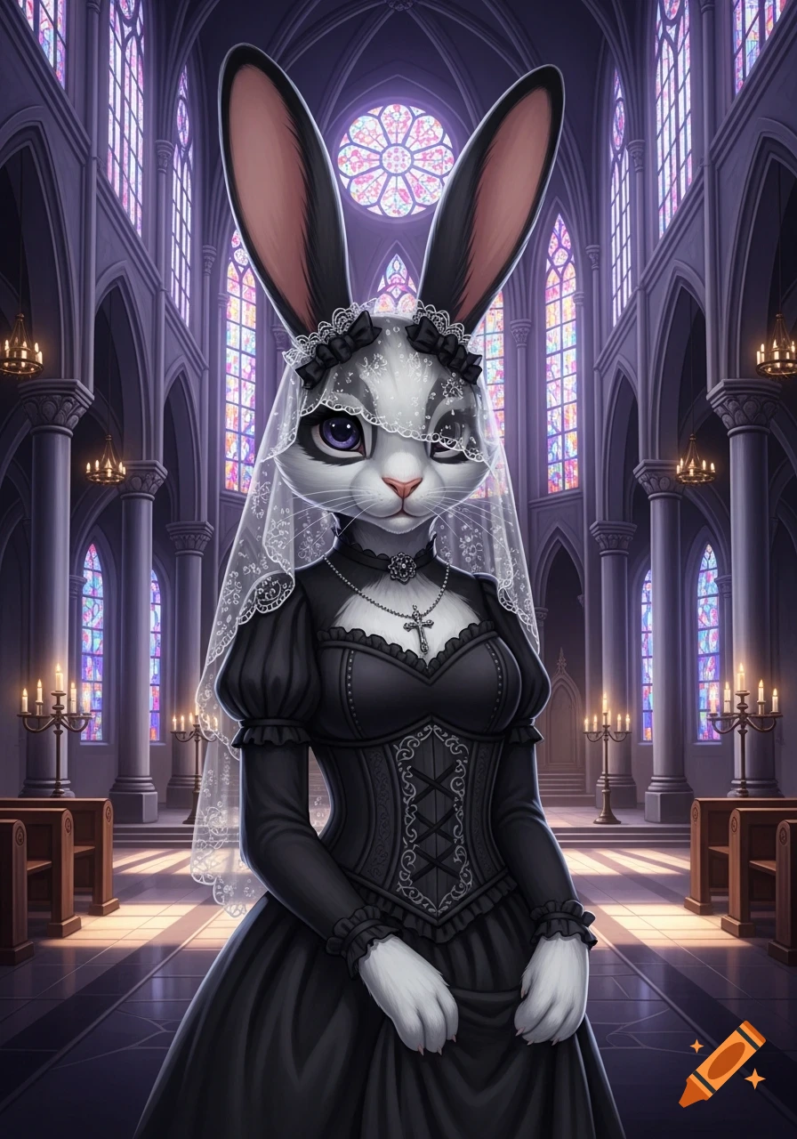 An anthropomorphic female bunny in a black gothic dress, lacey veil, and cross necklace stands in a candlelit church with stained glass windows.