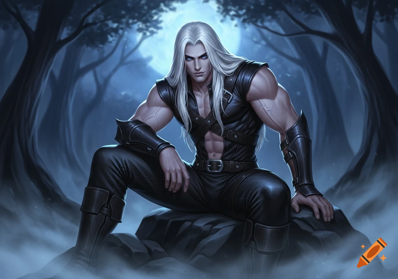A muscular male character with long white hair and blue eyes, wearing ...