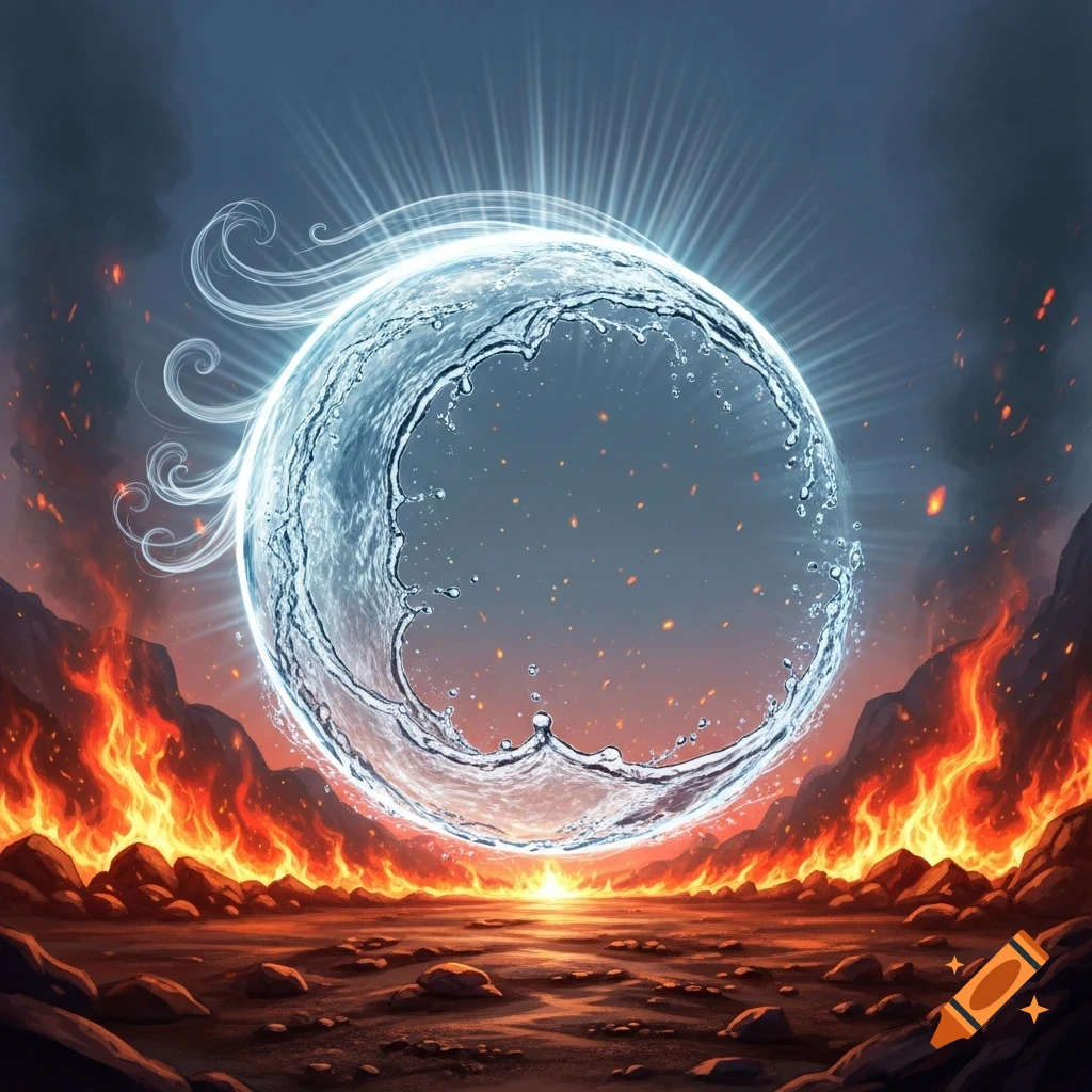 A luminous water sphere hovers over a dark, fiery, rocky landscape with a bright horizon, depicting elemental conflict.