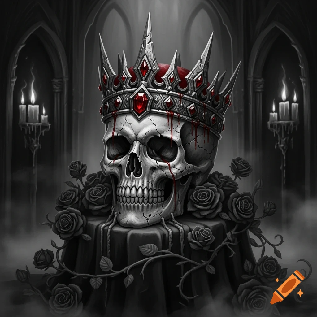 A gothic skull adorned with a spiky, blood-splattered crown and red gems, surrounded by black roses and thorny vines in a dark, arched hall.