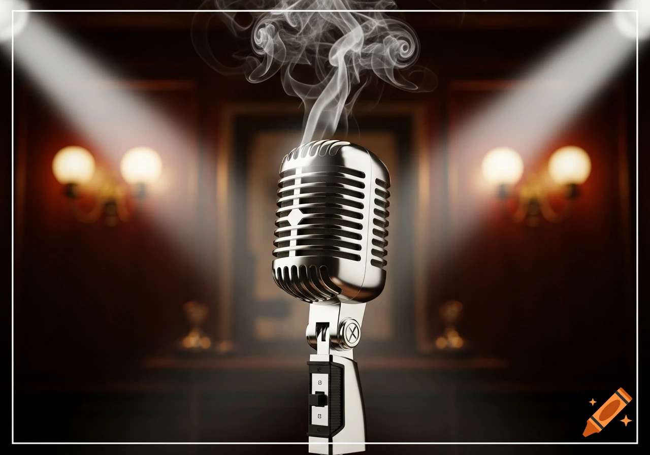 A close-up of a vintage silver microphone with smoke rising from it, illuminated by spotlights in a dark, moody setting.