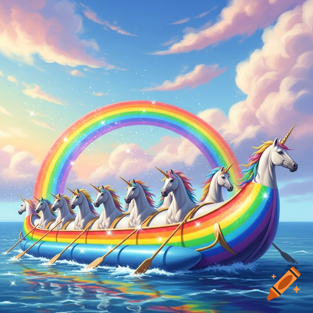A group of white unicorns with rainbow manes and tails row a vibrant rainbow boat on sparkling blue water under a bright sky with a large rainbow.
